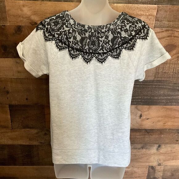 Gap Factory Top Sweatshirt Short Sleeve Cuffs Black Lace Grey Women Size Small - Picture 10 of 11